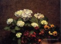 Hortensias Clous de girofle et deux pots de pensées peintre de fleurs Henri Fantin Latour